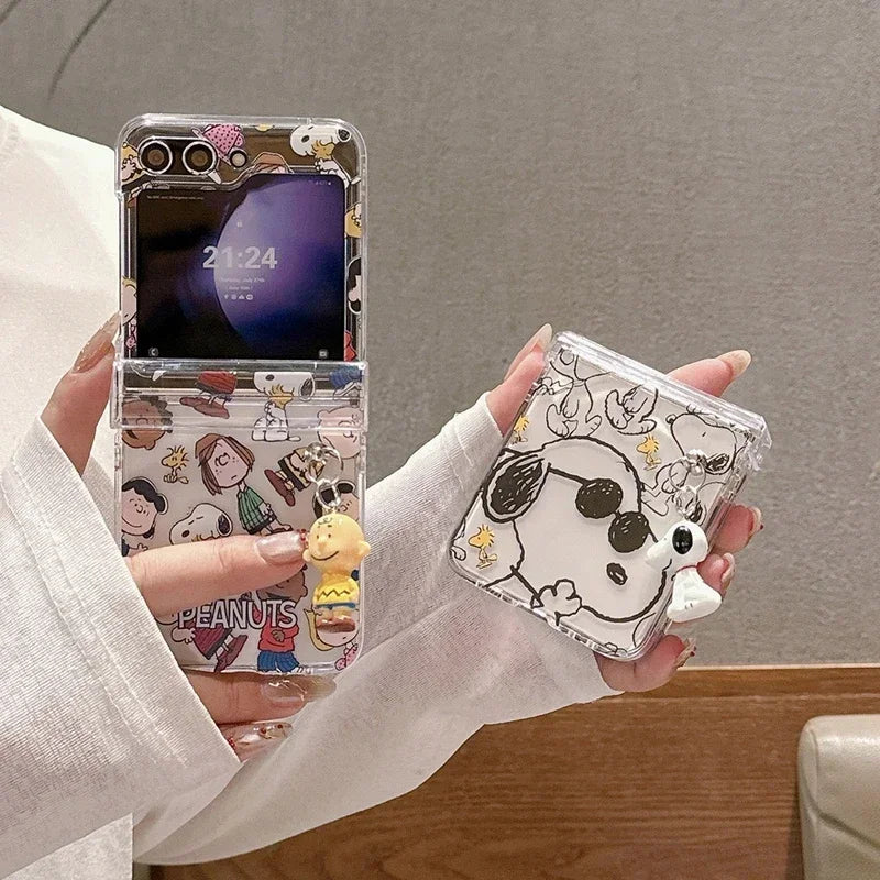 Cute Cartoon Snoopy Charlie Brown Peanuts Transparent Phone Case For Samsung Galaxy Z Flip 6 5 Hard PC Back Cover For Z Flip 3 4