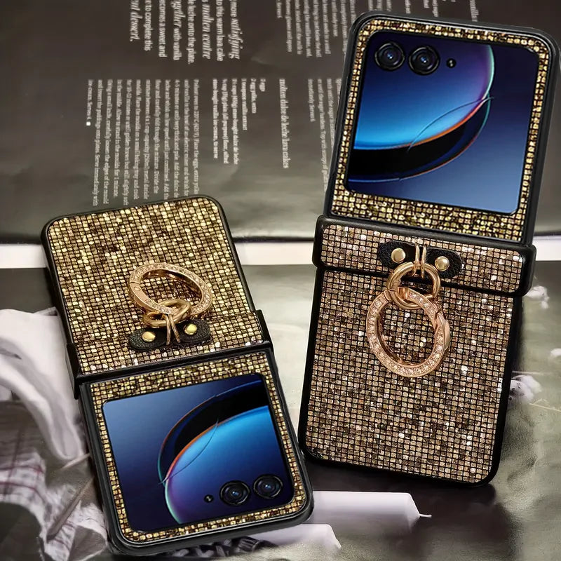 Glitter Diamond-Plated Ring Buckle Phone Case For Moto Razr 50 60 Ultra 2025 + 2024 60Pro Shiny 3-pieces Hard Protective Cover