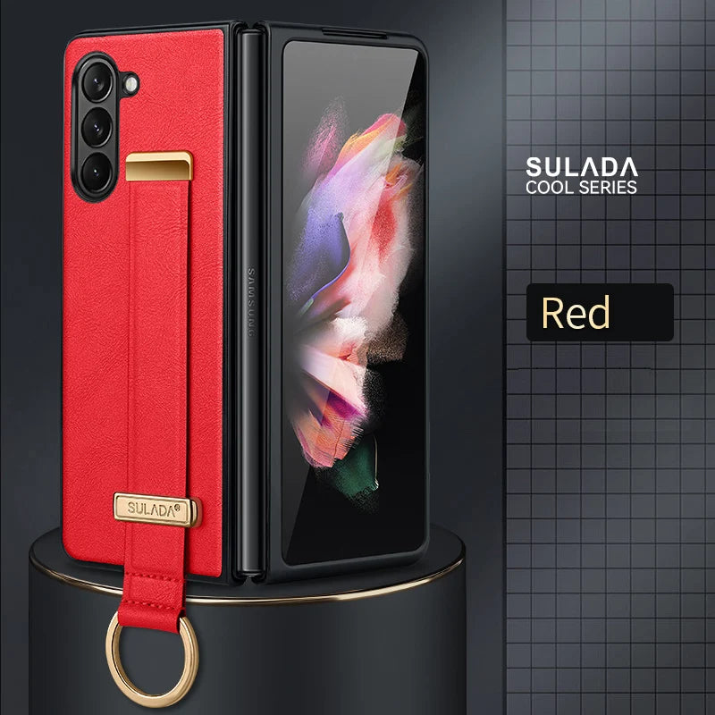 Finger Hand Grip Band Belt Strap Case For Samsung Galaxy Z Fold6 Fold5 Fold4 Fold 6 5 4 Business PU Leather Protector Shell