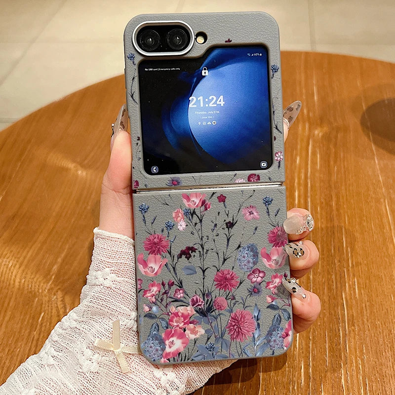 Purple Flower Print Case For Samsung Galaxy Z Flip 6 5 4 3 Magnetic For Magsafe Folding Cover For Samsung Z Flip6 Flip5 Flip4