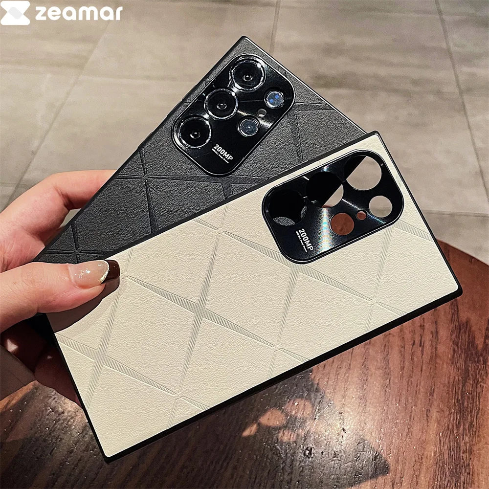 Luxury Plain Leather Diamond Grid Pattern Case For Samsung S25 Plus S24 S23 Ultra S22 Plating Alloy Camera Lens Protection Cover