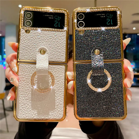 Ring Holder PU Leather Plating Case For Samsung Galaxy Z Flip 6 Flip 5 Flip 4 Zflip 3 Bling Diamond Shockproof Cover