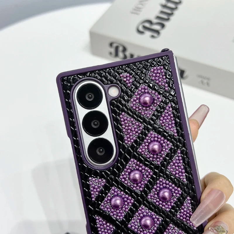 New Luxury Solid Color Pearl Shockproof Folding Phone Case For Samsung Galaxy Fold 6 5 4 3 Bumper Back Cover