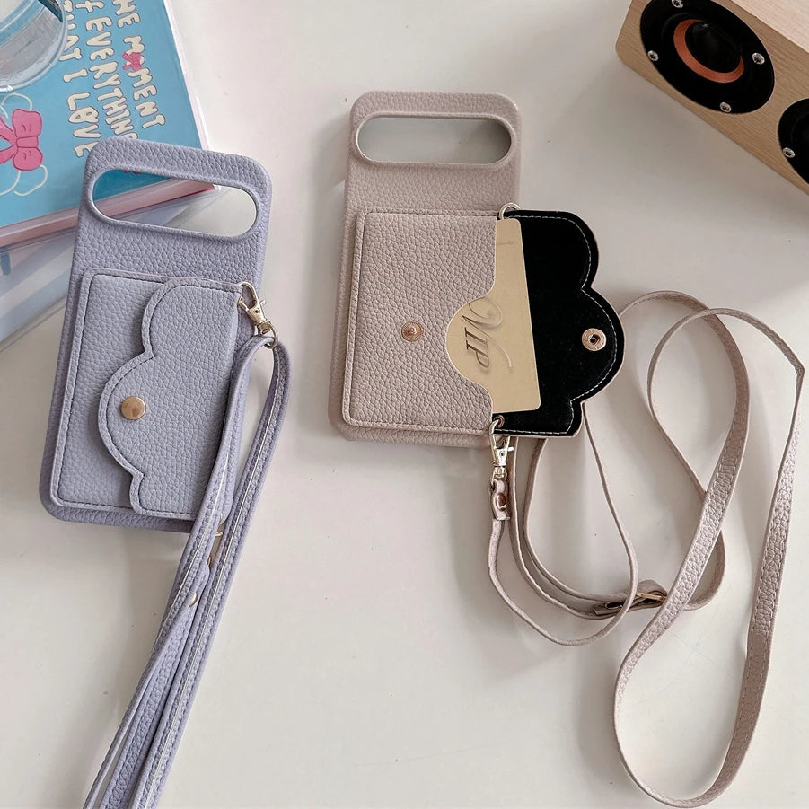 Leather Litchi Wallet Cards Slot Bag Case For Google Pixel 9 8 7 6 9 Pro XL 8A 7A 6A 9XL Shoulder Strap Lanyard Skin Feel Cover