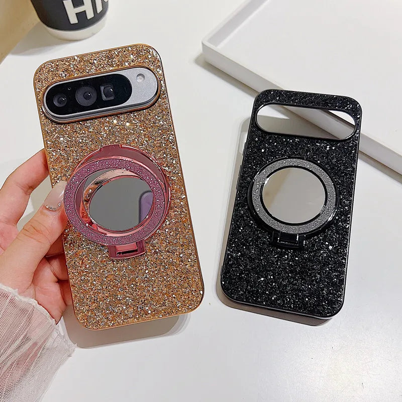Bling Mirror Magnetic Metal Bracket Case For Google Pixel 9 10 Pro XL 8A 8Pro 7A 6 7 Pro Wireless Charging Glitter Sequins Cover
