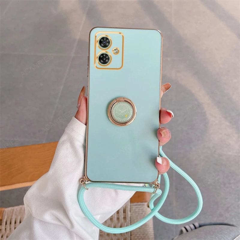 G 84 54 Luxury Plating Crossbody Lanyard Case For Motorola Moto G54 G84 5G Ring Holder Back Cover