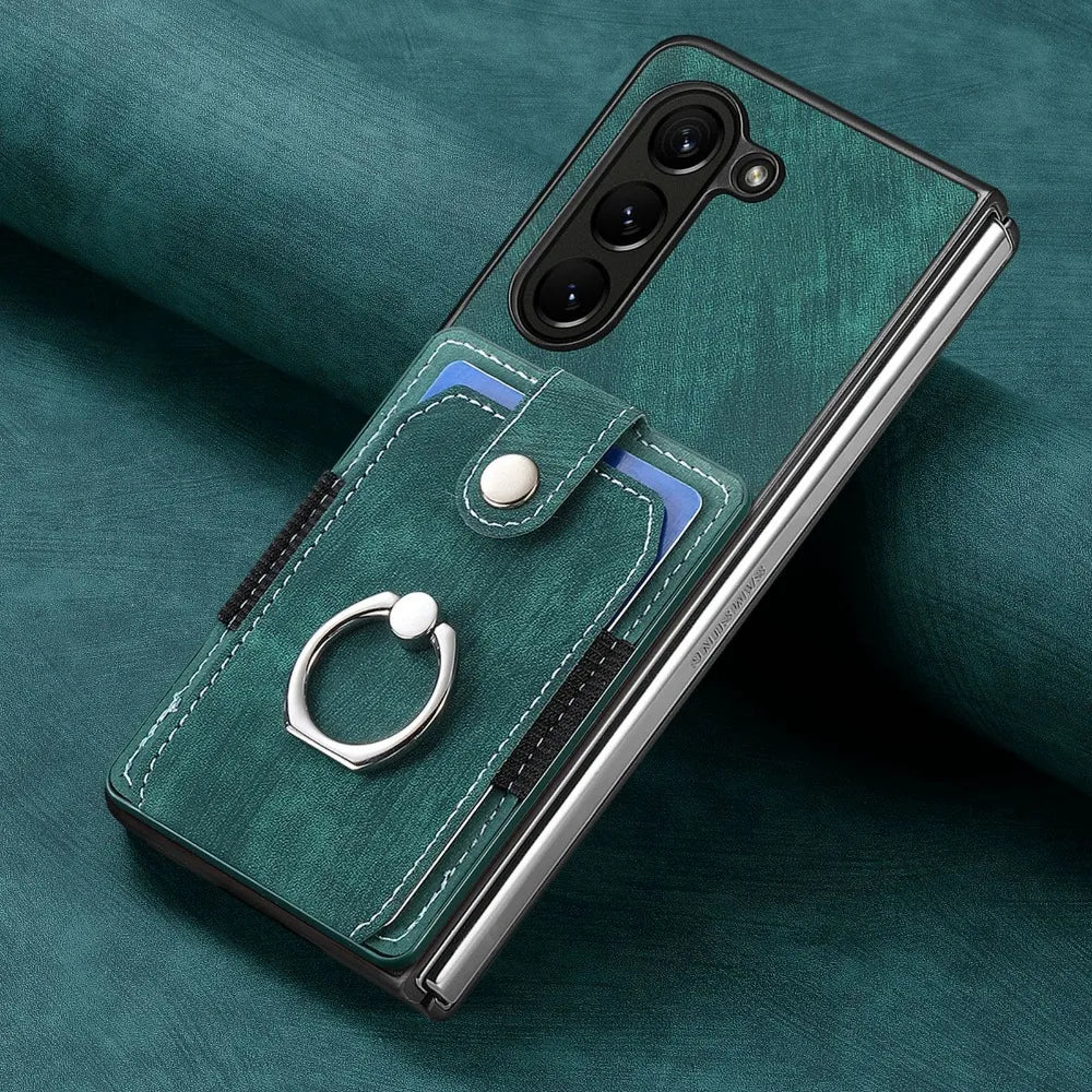 360 Rotating Ring Card Slot Holder Pocket Wallet Phone Case For Samsung Galaxy Z Fold 6 5 Fold6 Fold5 5G PU Leather Back Cover
