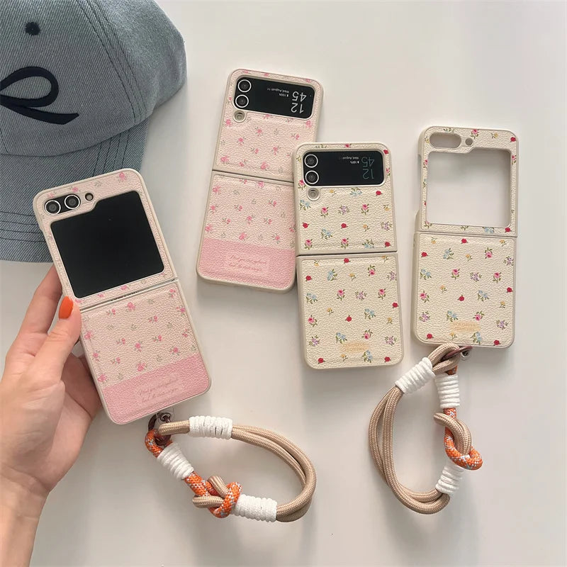 Phone Case For Samsung Galaxy Z Flip 3 4 5 Z Flip5 ZFlip5 Ins Flower Knot Portable Rope Shockproof Cover With Lanyard