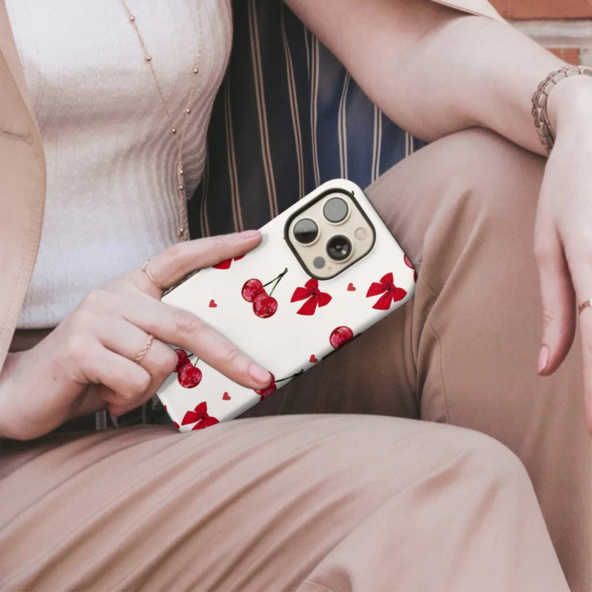 Two in One Phone Case for Samsung S25 S24 S23 S22 A56 A36 A26 A16 Ultra PRO Plus FE Red Cherry And Bow Tie Hard Acrylic