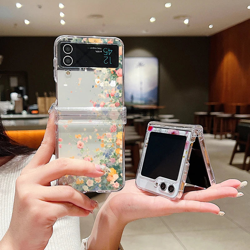 Hinged Simple Style Small Flower Case For Samsung Galaxy Z Flip 6 5 4 3 Clear Hard Folding Cover For Samsung Z Flip6 Flip5 Flip4