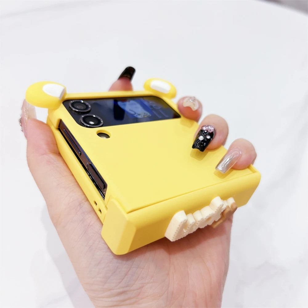 Korean Cute Pink Bear Ear Lucky Phone Case For Samsung Galaxy Z Flip 6 Zflip5 Cartoon For Z Flip3 Flip4 Hinge Protective Shell