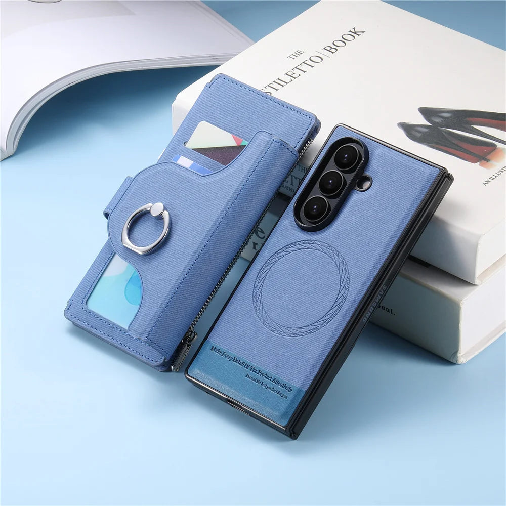 2 in 1 Detachable Magnetic Phone Case for Samsung Galaxy Z Fold 7 6 5 4 Fold7 Fold6 Ring Zipper Wallet Leather Protective Cover