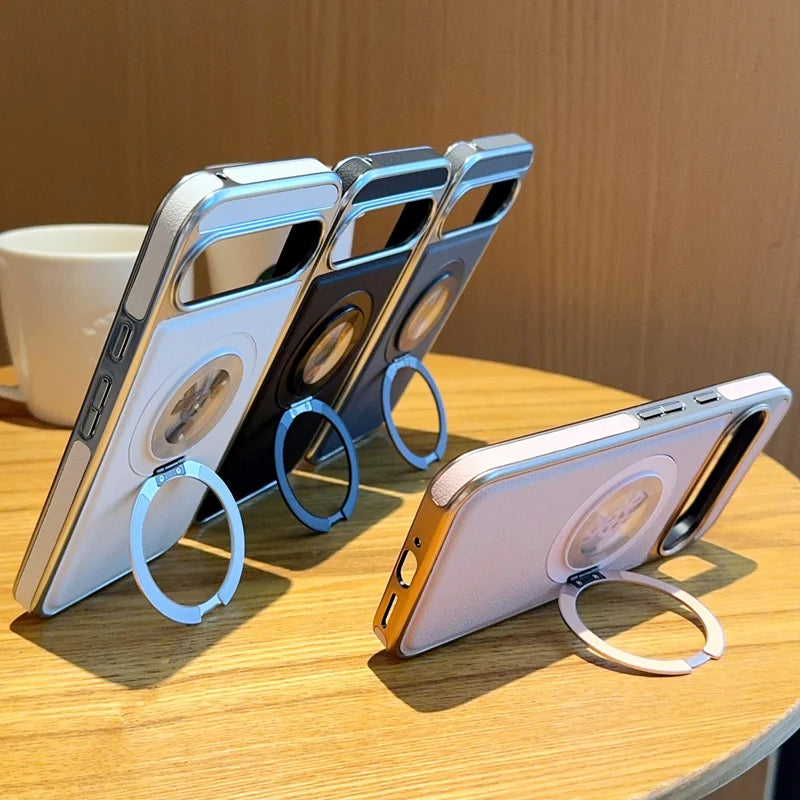 For Google Pixel 8 9 10 Pro XL 9A Magnetic rotatable  Kickstand Gear relieve stress Hybrid TPU+PC PU Leather Luxury Back Case