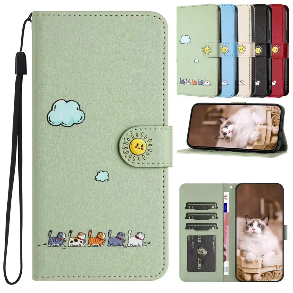 Leather Cat Phone Wallet Case Book Kickstand For Google Pixel 9 8 7 Pro 8A 7A 9A,Sony Xperia 1 10 V 5G Card Slot Cute Flip Cover