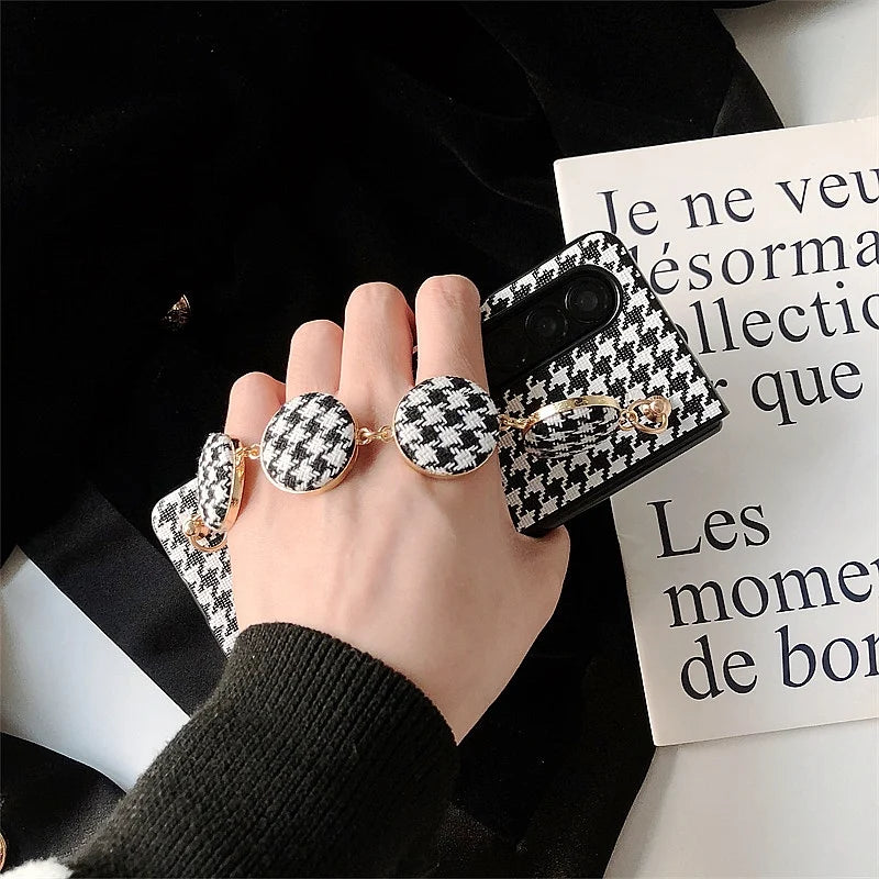 Retro Lattice Pattern Cloth Bracelet Phone Cover For Samsung Galaxy Z Fold 6 5 4 3 2 5G Houndstooth Printed PU Leather Case