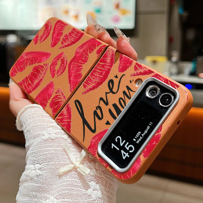Red Lips Print Folding Phone Case For Samsung Galaxy Z Flip 6 5 4 3 Leather Texture TPU Cover For Samsung Z Flip6 Flip5 Flip4 5G