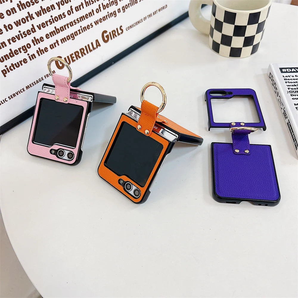 Original Leather Matte Litchi Phone Case For Samsung Galaxy Z Flip 6 5 4 3 Ring Stand Holder Shockproof Cover For Galaxy Flip 6
