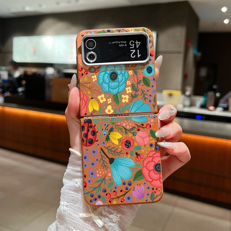 Romantic Garden Flower Case For Samsung Z Flip4 Flip5 Flip6 5G Leather Texture TPU Folding Cover For Samsung Galaxy Z Flip 3 4 5