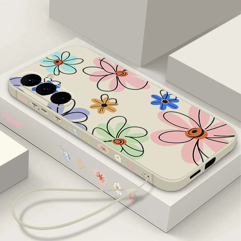 Cute Cartoon Flowers Lanyard Case For Samsung Galaxy S25 Ultra S24 S23 S22 Plus S21 FE A15 A16 A35 A36 A54 A55 A56 5G Capa Coque