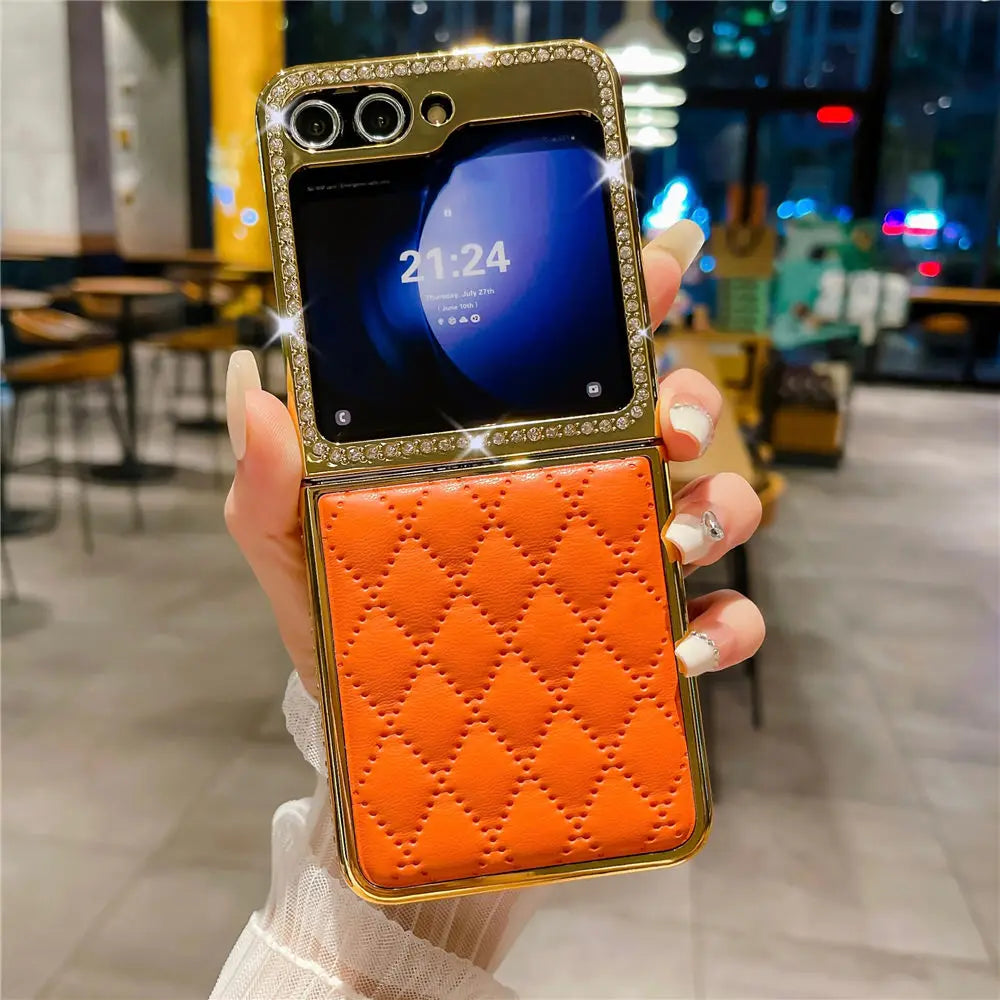 Luxury Bling Diamond Leather Plating Case For Samsung Galaxy Z Flip 6 Flip 5 Flip 3 4 Shockproof Cover Funda