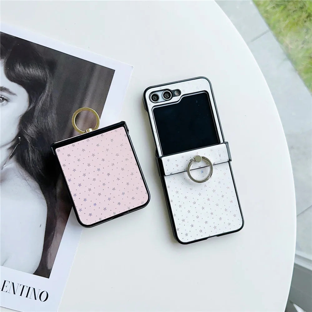 Luxury PU Leather Phone Case for Samsung Galaxy Z Flip 6 5 Flip6 Flip5 5G Ring Hard Shell Shockproof Cover