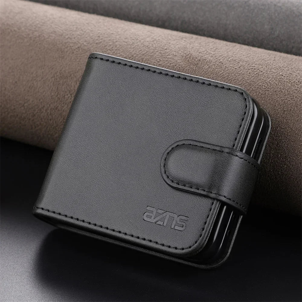 Simple Retro Pure Color Leather Phone Case For Samsung Galaxy Z Flip 7 6 5 4 3 Card Slot Bracket Wallet Shockproof Protect Cover