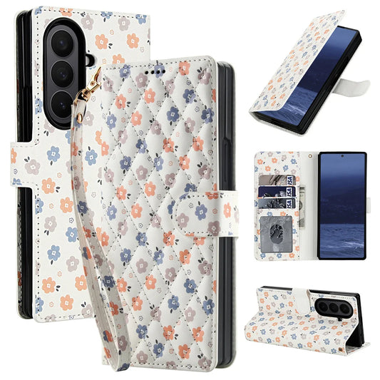 Luxury White Leather Colorful Flowers Wallet Flip Phone Case For Samsung Z Fold 7 6 5 4 5G Soft Wrist Strap Shockproof Cover
