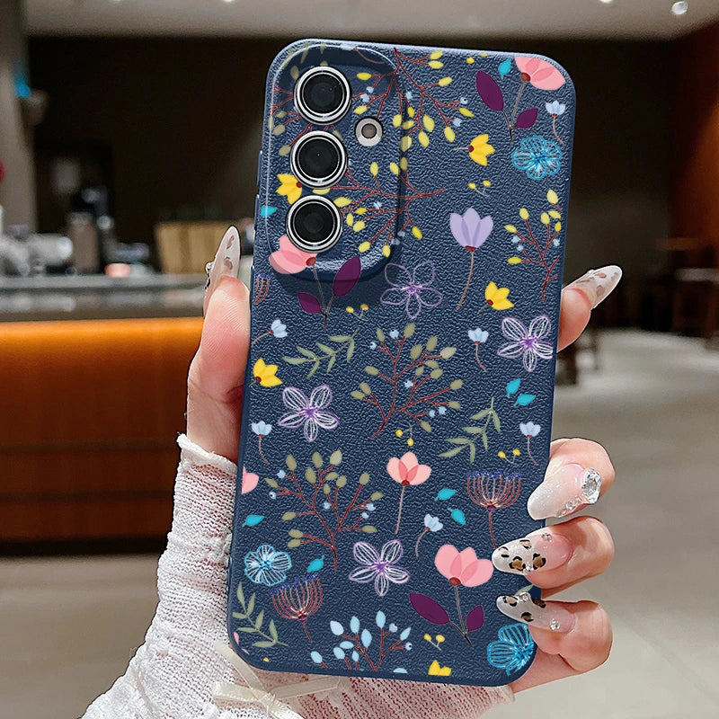 Floral Flowers Leather Texture TPU Case For Samsung Galaxy S24 FE S25 S23 S22 Ultra A16 A55 A15 A54 A35 A25 A56 5G Phone Cover