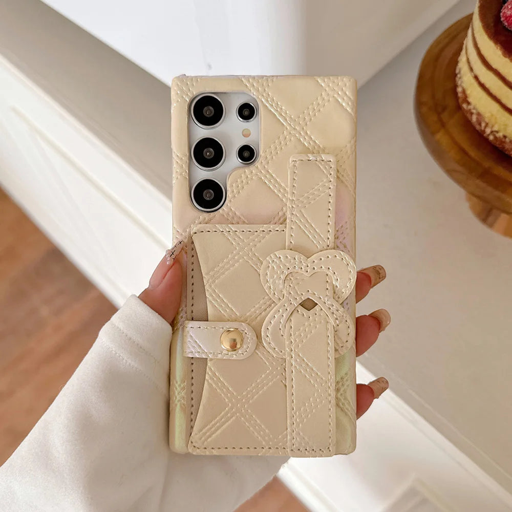 Glitter Dazzling Leather Slot Card Bag Holder Case For Samsung S24 S23 S22 S25 Ultra Luxury Lattice Love Heart Wrist Strap Cover