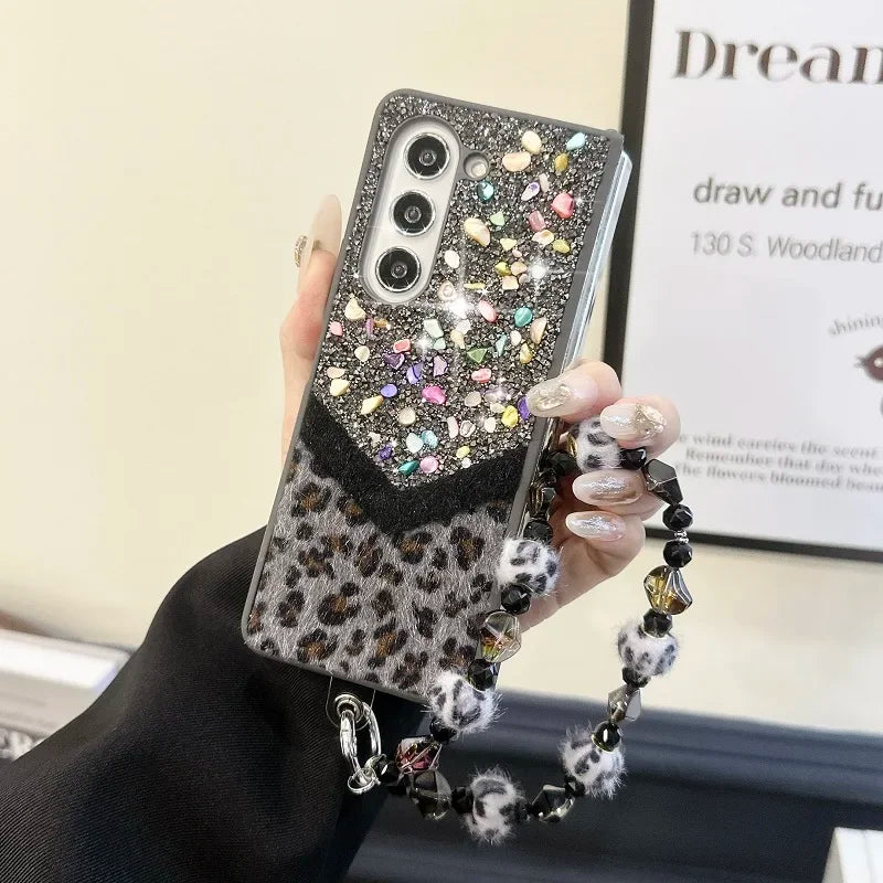 Luxury Bling Rhinestone Leopard Print Case For Samsung Galaxy Z Fold 6 5 4 3 5G Fold4 Fold5 Cover Fold6 Fashion Bracelet Shell