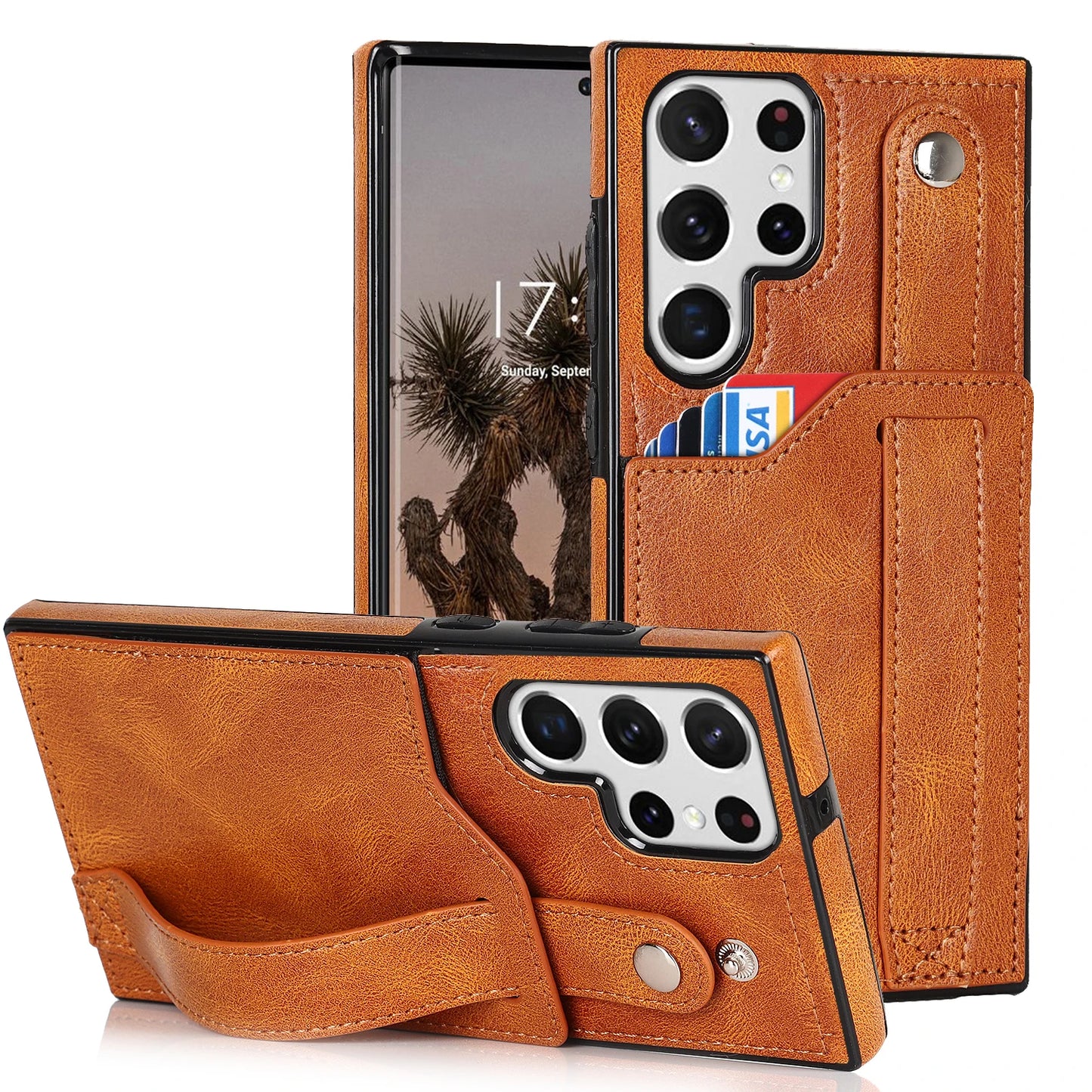 Luxury Wrist Strap Leather Wallet Case For Samsung Galaxy S23 S24 S25 Plus S22 Ultra Stand Cover