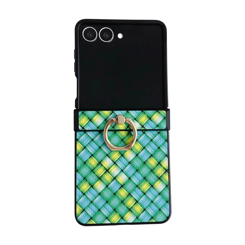Dazzling Color Weave Pattern Case For Samsung Galaxy Z Flip 7 SE 6 5 4 3 ZFlip7 5G 3-piece Set With Finger Ring Colorful Cover