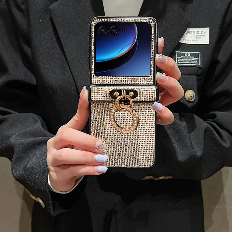 Glitter Diamond-Plated Ring Buckle Phone Case For Moto Razr 50 60 Ultra 2025 + 2024 60Pro Shiny 3-pieces Hard Protective Cover