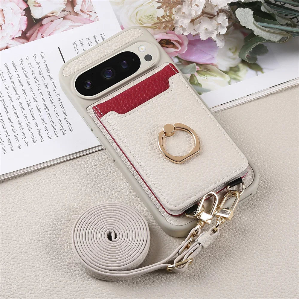 Crossbody Strap Lanyard Wallet Case with Card Slots Ring Holder Kickstand For Google Pixel 9a 8 9 Pro XL 8a 7a PU Leather Cover