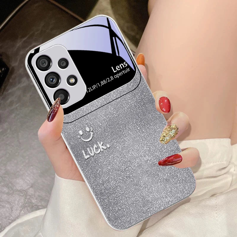 Sunshine Smile Silver For Samsung Galaxy S10 4G S20 11E 30 S21 22 S24 Fe Pro S23 S25 Ultra 5G S9 Tempered Glass Phone Case