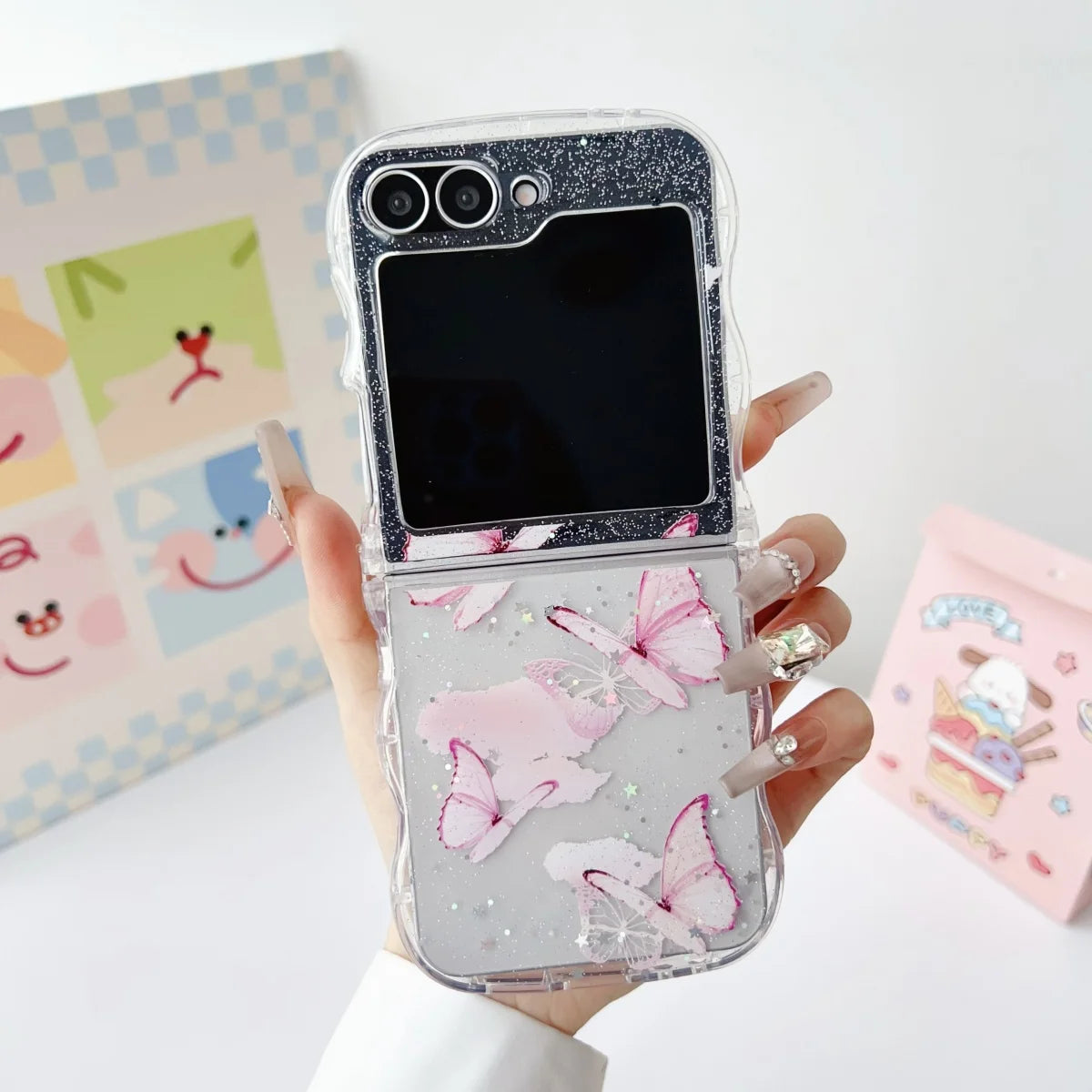 Luxury Cute Arc Wave Butterfly Bling Glitter Laser Sequins Case For Samsung Galaxy Z Flip 6 5 4 3 Soft Silicone Shockproof Cover