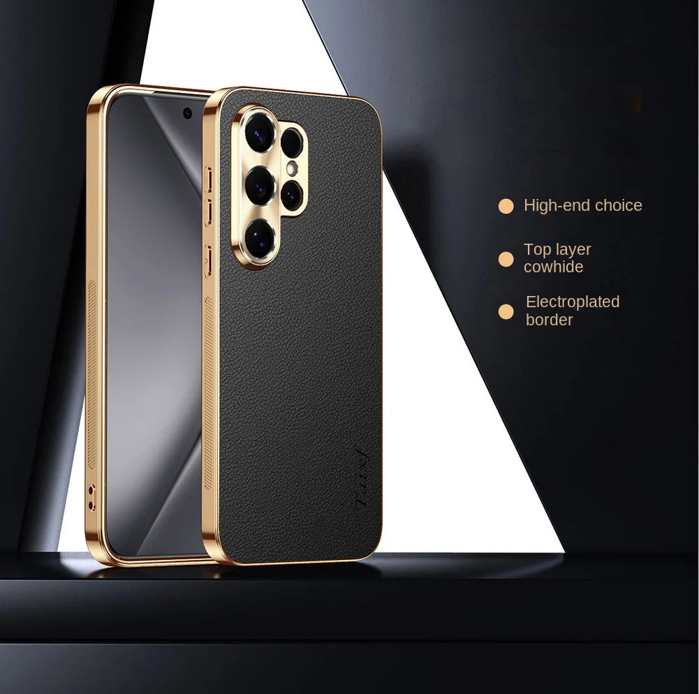 First Layer of Cowhide Lychee Texture Electroplated Frame Case For Samsung S26 Ultra S26 + Galaxy S25 Ultra S25 FE Edge Cover