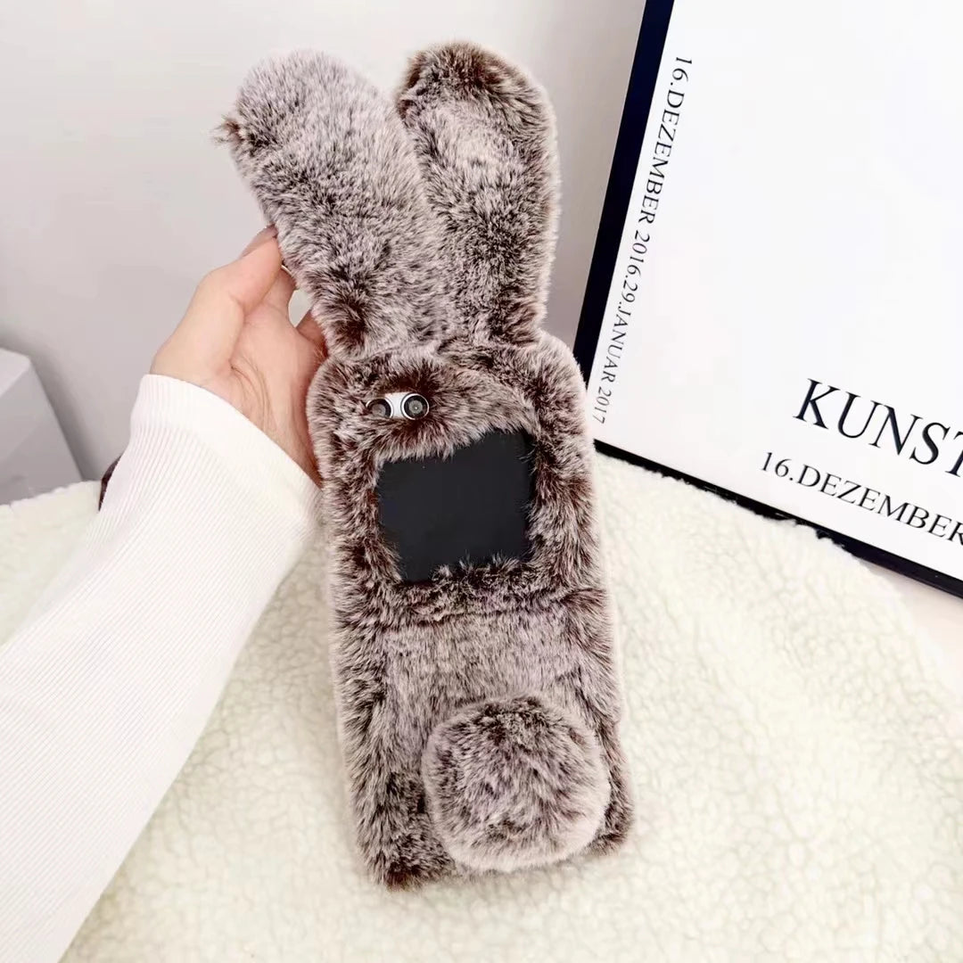 For Motorola Razr 50 Plus 40 Moto Razr40 Ultra 2023 2024 Luxury Cute Soft Fur Puff Rabbit Ear Phone Case Cover