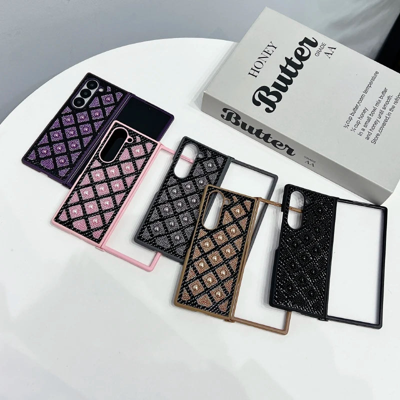New Luxury Solid Color Pearl Shockproof Folding Phone Case For Samsung Galaxy Fold 6 5 4 3 Bumper Back Cover