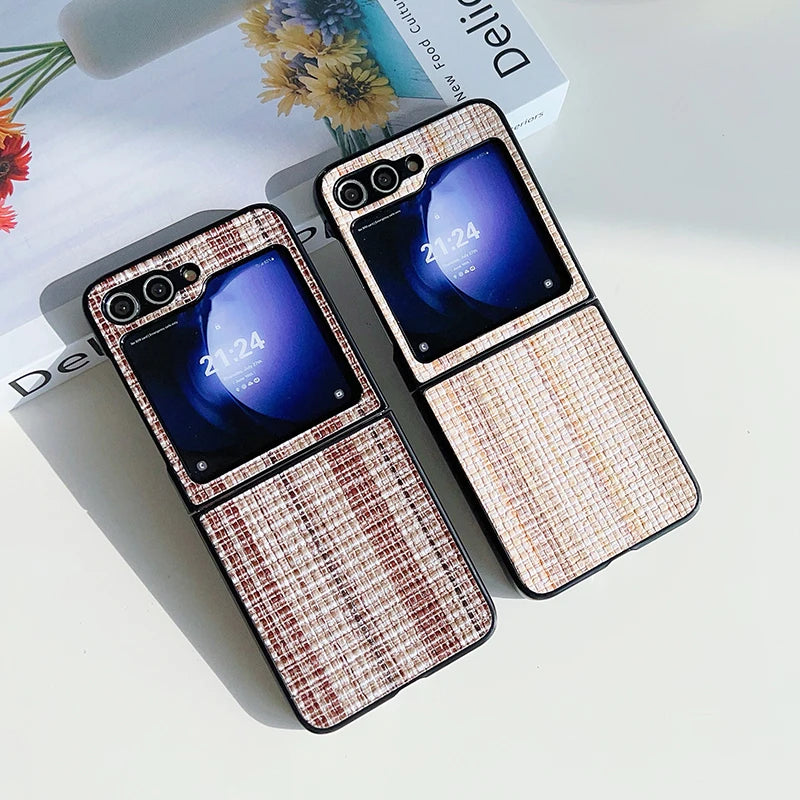 Retro Woven Pattern Phone Case For Samsung Galaxy Z Flip 6 5 4 3 Hard Plastic Folding Cover For Samsung Z Flip6 Flip5 Flip4 Bag