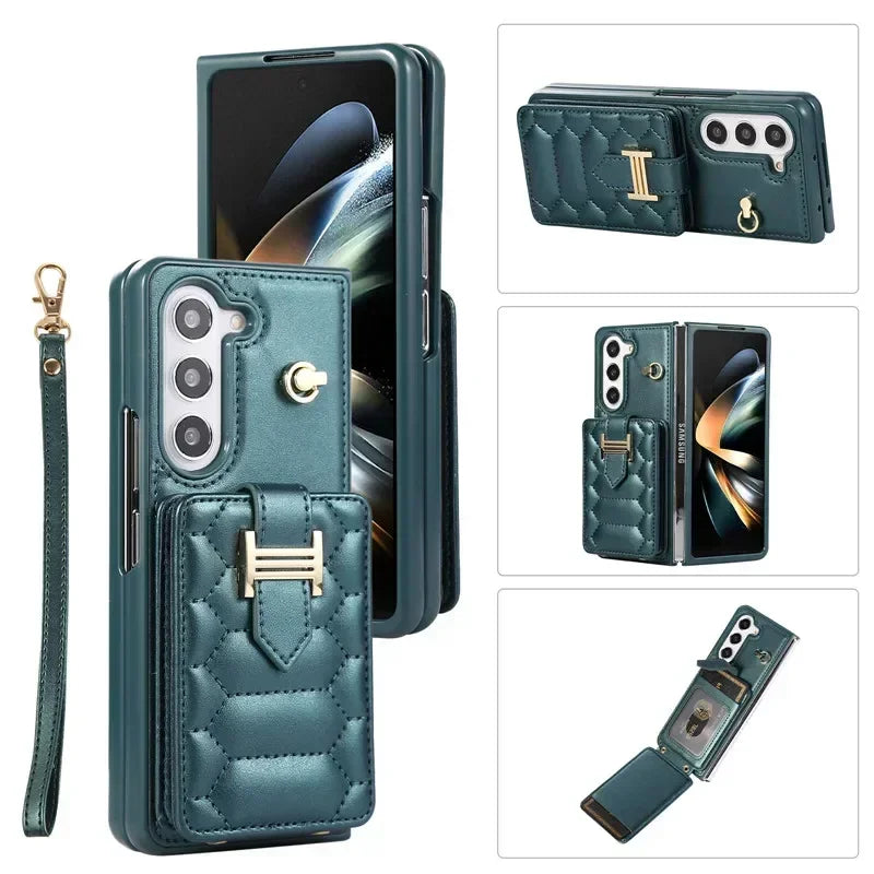 Crossbody Lanyard Leather Phone Case for Samsung Galaxy Z Fold 6 5 4 3 Fold6 Fold5 Fold4 Fold3 Wrist Rope Wallet Card Cover Etui