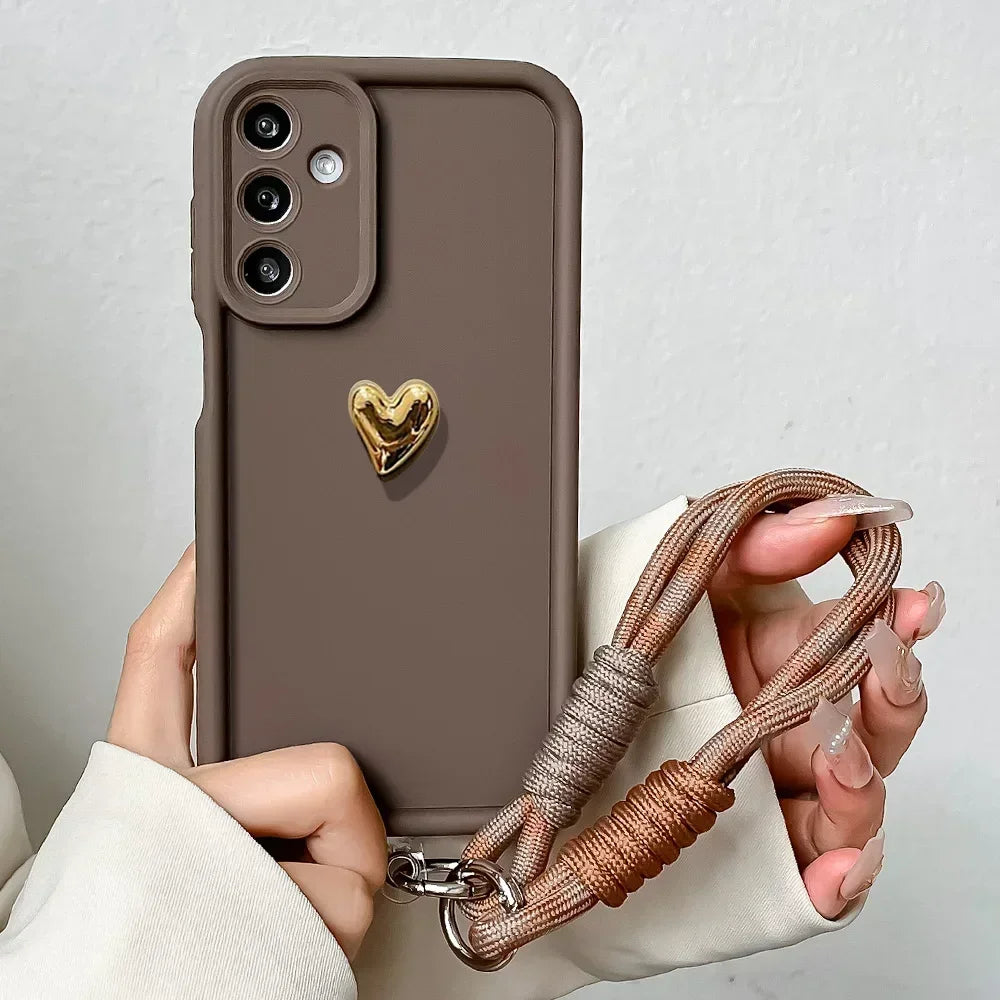 3D Gold Love Heart Lanyard Case for Samsung S25 Plus Ultra S24 FE A16 06 26 36 56 M13 M35 M55 M32 Wrist Chain Strap Phone Cover