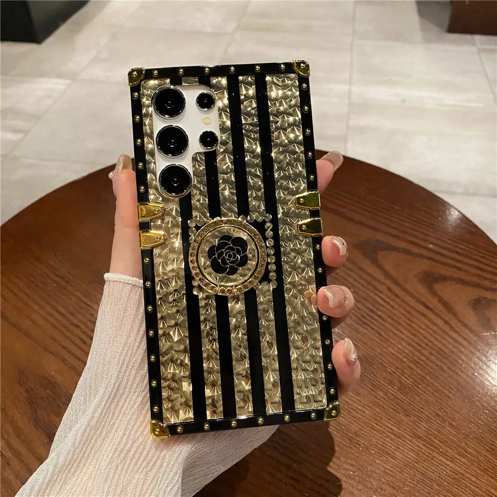 Feather Leopard Print Plating Flower Case For Samsung Galaxy S25 S23 S24 FE S22 S21 S20 A16 A26 A15 A25 A55 A54 Ring Cover