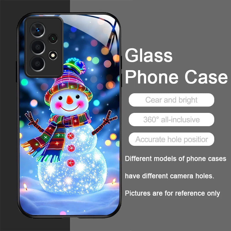 Winter Christmas Snowman Pattern Tempered Glass Phone Case for Samsung Galaxy S25 Ultra S24 S23 Plus S22 S21 S20 FE A56 5G Cover