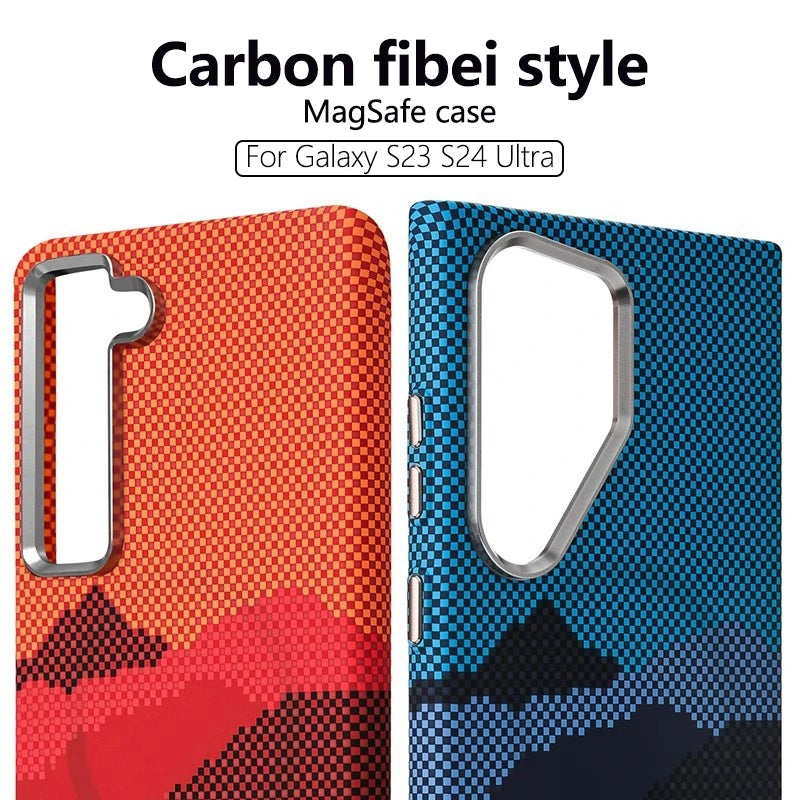 For Samsung S25 S23 S24 Ultra Plus Carbon Fibre Relief MagSafe Phone Case Wireless Charging PC Shockproof Cover For Galaxy S25+