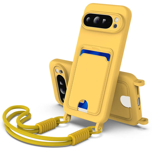 Soft Liquid Silicone Phone Case For Google Pixel 9 Pro XL Pixel 10 9 8 Pro 8A with Lanyard Card Case Shockproof Protective Cover