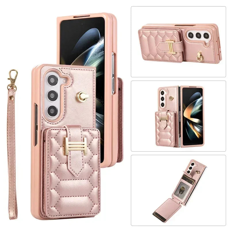 Crossbody Lanyard Leather Phone Case for Samsung Galaxy Z Fold 6 5 4 3 Fold6 Fold5 Fold4 Fold3 Wrist Rope Wallet Card Cover Etui