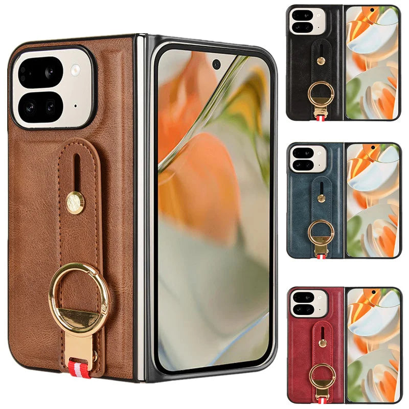 Luxury Wristband Leather Stand Case for Google Pixel 9 Pro Fold Cover Foldable With Ring Opener Hook Coque Fundas Capa
