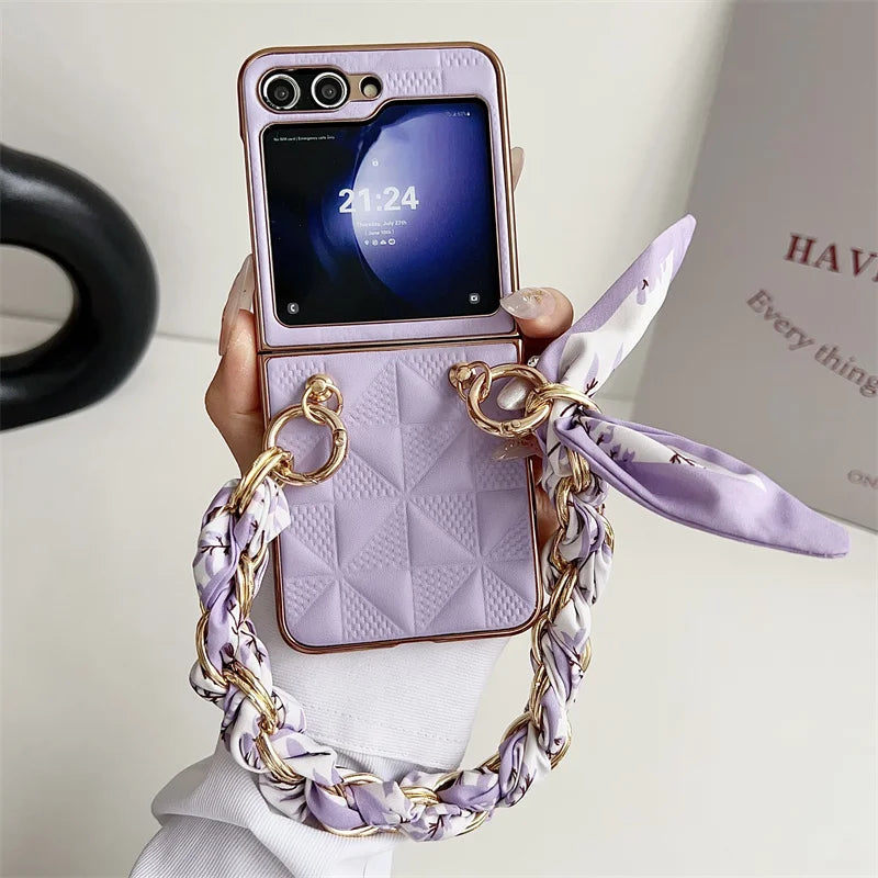 Hand Lanyard Lattice Pattern Phone Cover For Samsung Z Flip5 ZFlip 3 4 Wrist Chain Rope Electroplated Case For Galaxy Flip 6 5