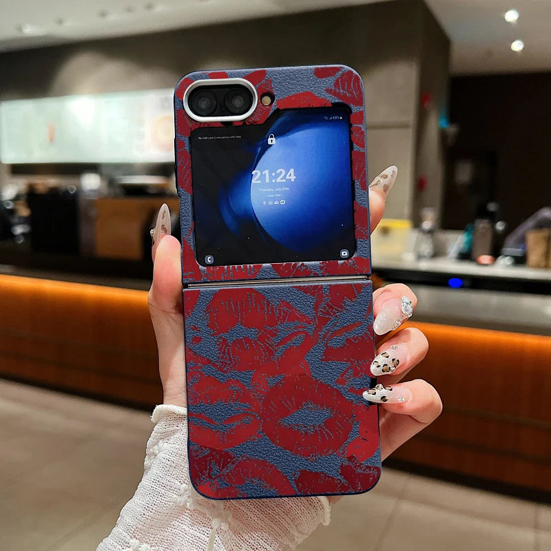 Red Lips Print Folding Phone Case For Samsung Galaxy Z Flip 6 5 4 3 Leather Texture TPU Cover For Samsung Z Flip6 Flip5 Flip4 5G